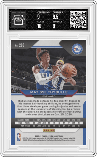 Matisse Thybulle from the 2020-21 Panini Prizm set graded by Arena Club and given an overall grade of 9.5.