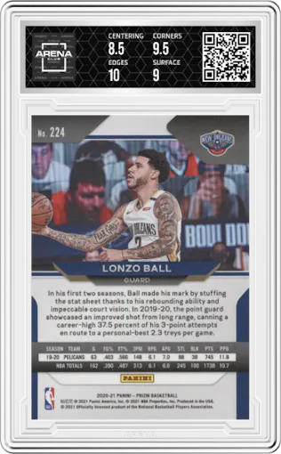 Lonzo Ball from the 2020-21 Panini Prizm set graded by Arena Club and given an overall grade of 9.