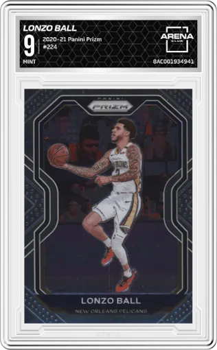 Lonzo Ball from the 2020-21 Panini Prizm set graded by Arena Club and given an overall grade of 9.