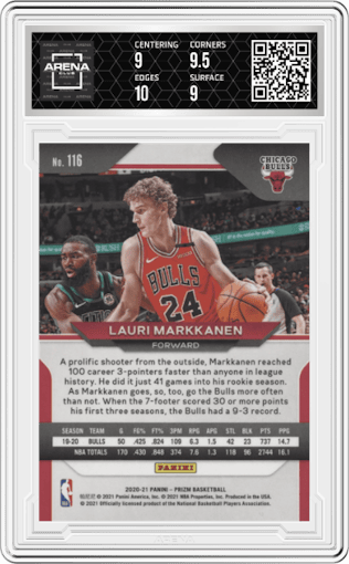Lauri Markkanen from the 2020-21 Panini Prizm set graded by Arena Club and given an overall grade of 9.5.