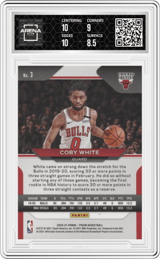 Coby White from the 2020-21 Panini Prizm set graded by Arena Club and given an overall grade of 9.
