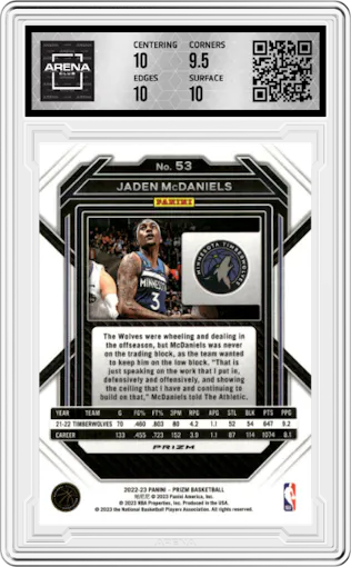 Jaden McDaniels from the 2022-23 Panini Prizm  set featuring a Silver Prizm parallel graded by Arena Club and given an overall grade of 10.