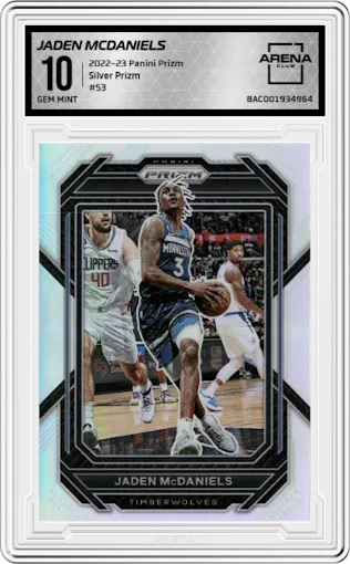 Jaden McDaniels from the 2022-23 Panini Prizm  set featuring a Silver Prizm parallel graded by Arena Club and given an overall grade of 10.