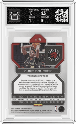 Chris Boucher from the 2021-22 Panini Prizm  set graded by Arena Club and given an overall grade of 9.5.