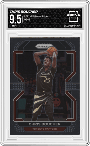 Chris Boucher from the 2021-22 Panini Prizm  set graded by Arena Club and given an overall grade of 9.5.