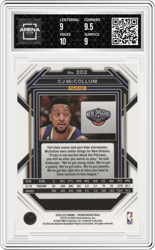 CJ McCollum from the 2022-23 Panini Prizm  set graded by Arena Club and given an overall grade of 9.5.