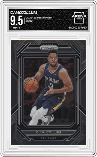 CJ McCollum from the 2022-23 Panini Prizm  set graded by Arena Club and given an overall grade of 9.5.