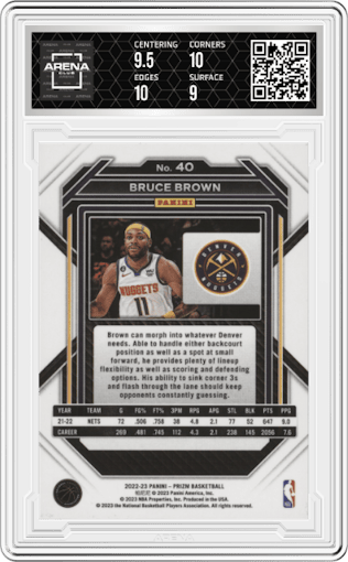 Bruce Brown from the 2022-23 Panini Prizm  set graded by Arena Club and given an overall grade of 9.5.