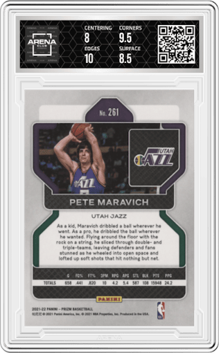 Pete Maravich from the 2021-22 Panini Prizm  set graded by Arena Club and given an overall grade of 8.5.