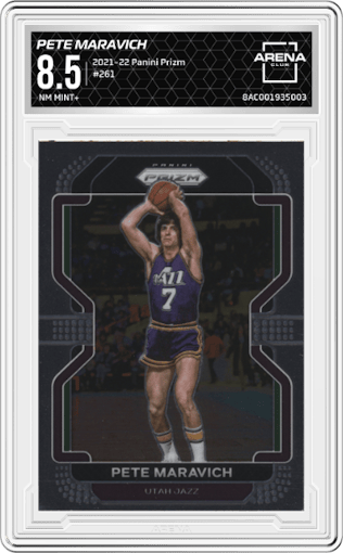 Pete Maravich from the 2021-22 Panini Prizm  set graded by Arena Club and given an overall grade of 8.5.