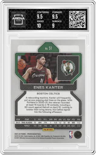 Enes Kanter from the 2021-22 Panini Prizm  set graded by Arena Club and given an overall grade of 9.5.