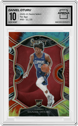 Daniel Oturu from the 2020-21 Panini Select  set featuring a Tie-Dye parallel graded by Arena Club and given an overall grade of 10.