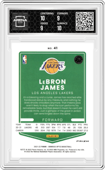 LeBron James from the 2021-22 Panini Donruss Optic set featuring a Holo parallel graded by Arena Club and given an overall grade of 9.5.