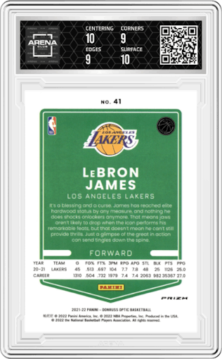 LeBron James from the 2021-22 Panini Donruss Optic set featuring a Holo parallel graded by Arena Club and given an overall grade of 9.5.