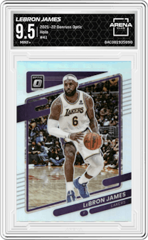 LeBron James from the 2021-22 Panini Donruss Optic set featuring a Holo parallel graded by Arena Club and given an overall grade of 9.5.
