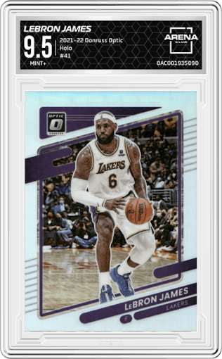 LeBron James from the 2021-22 Panini Donruss Optic set featuring a Holo parallel graded by Arena Club and given an overall grade of 9.5.