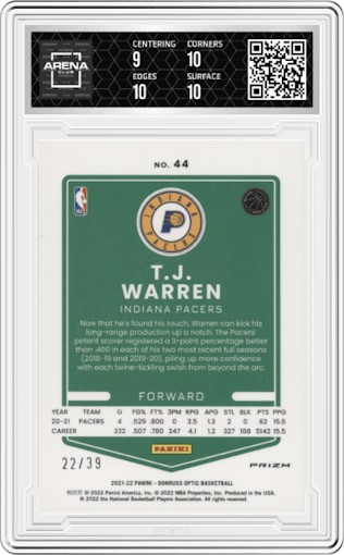 T.J. Warren from the 2021-22 Panini Donruss Optic set featuring a Black Velocity parallel graded by Arena Club and given an overall grade of 9.5.