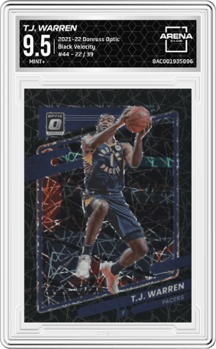 T.J. Warren from the 2021-22 Panini Donruss Optic set featuring a Black Velocity parallel graded by Arena Club and given an overall grade of 9.5.