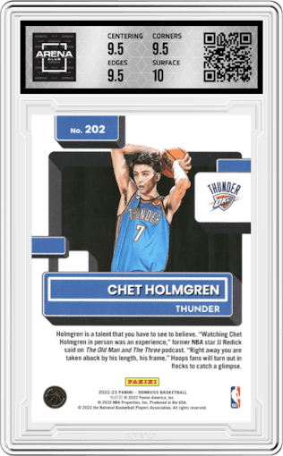 Chet Holmgren from the 2022-23 Panini Donruss set graded by Arena Club and given an overall grade of 10.
