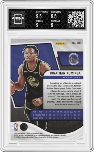 Jonathan Kuminga from the 2021-22 Panini Revolution  set graded by Arena Club and given an overall grade of 9.5.