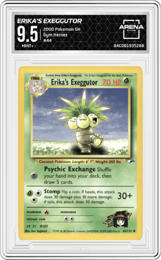 Erika's Exeggutor from the 2000 Pokemon GH set graded by Arena Club and given an overall grade of 9.5.