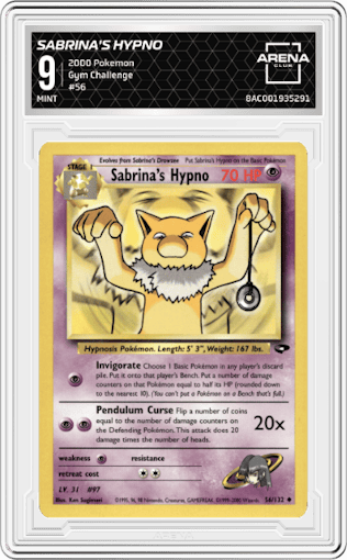 Sabrina's Hypno from the 2000 Pokemon GH set graded by Arena Club and given an overall grade of 9.