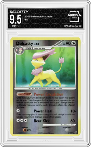 Delcatty from the 2009 Pokemon Platinum set graded by Arena Club and given an overall grade of 9.5.