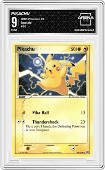 Pikachu from the 2005 Pokemon EX set graded by Arena Club and given an overall grade of 9.