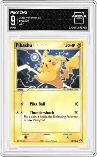 Pikachu from the 2005 Pokemon EX set graded by Arena Club and given an overall grade of 9.