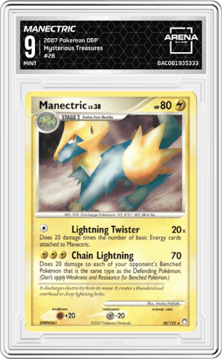 Manectric from the 2007 Pokemon D&P set graded by Arena Club and given an overall grade of 9.