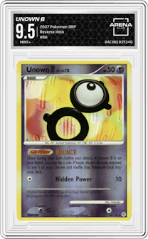 Unown B from the 2007 Pokemon D&P set graded by Arena Club and given an overall grade of 9.5.