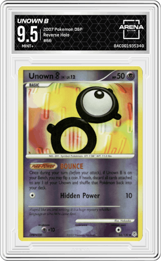 Unown B from the 2007 Pokemon D&P set graded by Arena Club and given an overall grade of 9.5.