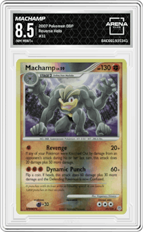 Machamp from the 2007 Pokemon D&P set graded by Arena Club and given an overall grade of 8.5.