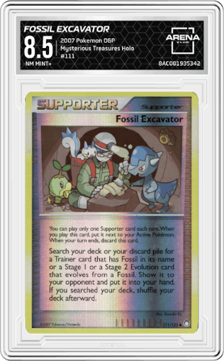 Fossil Excavator from the 2007 Pokemon D&P set graded by Arena Club and given an overall grade of 8.5.