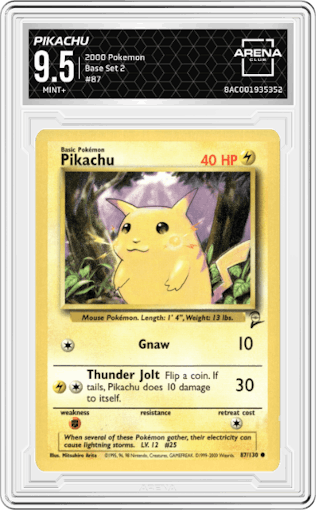 Pikachu from the 2000 Pokemon set graded by Arena Club and given an overall grade of 9.5.