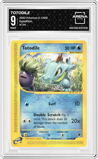 Totodile from the 2002 Pokemon E-CARD set graded by Arena Club and given an overall grade of 9.