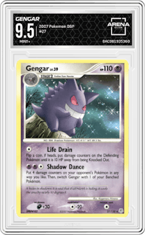 Gengar from the 2007 Pokemon D&P set graded by Arena Club and given an overall grade of 9.5.