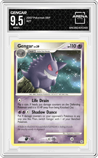 Gengar from the 2007 Pokemon D&P set graded by Arena Club and given an overall grade of 9.5.