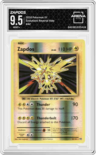 Zapdos from the 2016 Pokemon XY set graded by Arena Club and given an overall grade of 9.5.