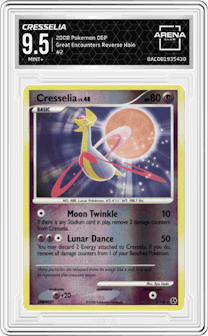 Cresselia from the 2008 Pokemon D&P set graded by Arena Club and given an overall grade of 9.5.