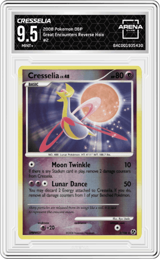 Cresselia from the 2008 Pokemon D&P set graded by Arena Club and given an overall grade of 9.5.