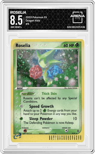 Roselia from the 2003 Pokemon EX set graded by Arena Club and given an overall grade of 8.5.