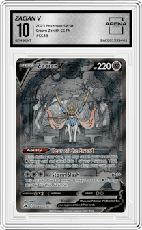 Zacian V from the 2023 Pokemon SWSH set graded by Arena Club and given an overall grade of 10.