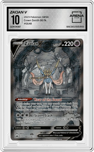 Zacian V from the 2023 Pokemon SWSH set graded by Arena Club and given an overall grade of 10.