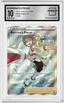 Korrina’s Focus from the 2021 Pokemon SWSH set graded by Arena Club and given an overall grade of 10.
