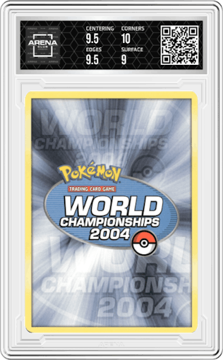 Team Magma's Groudon from the 2004 Pokemon World Championship set featuring a Magma Spirit parallel graded by Arena Club and given an overall grade of 9.5.