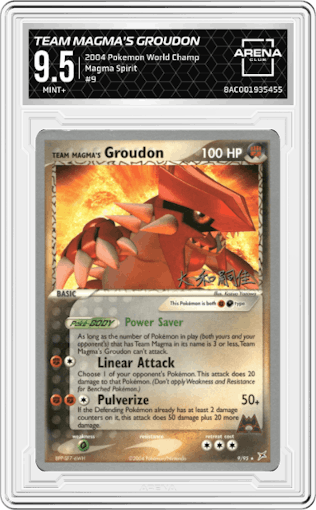 Team Magma's Groudon from the 2004 Pokemon World Championship set featuring a Magma Spirit parallel graded by Arena Club and given an overall grade of 9.5.