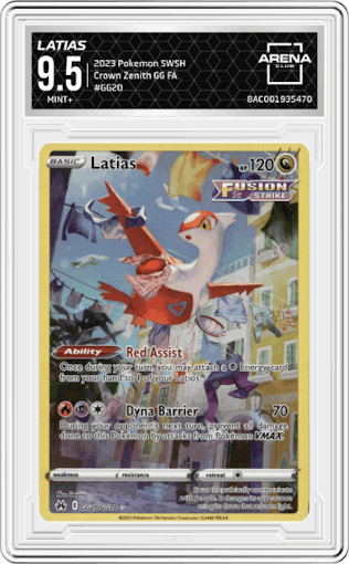 Latias from the 2023 Pokemon SWSH set graded by Arena Club and given an overall grade of 9.5.