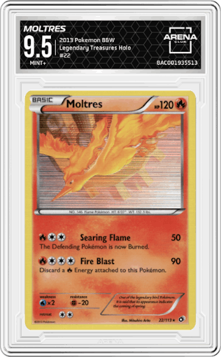 Moltres from the 2013 Pokemon B&W set graded by Arena Club and given an overall grade of 9.5.