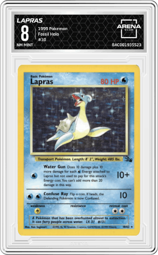 Lapras from the 1999 Pokemon set graded by Arena Club and given an overall grade of 8.